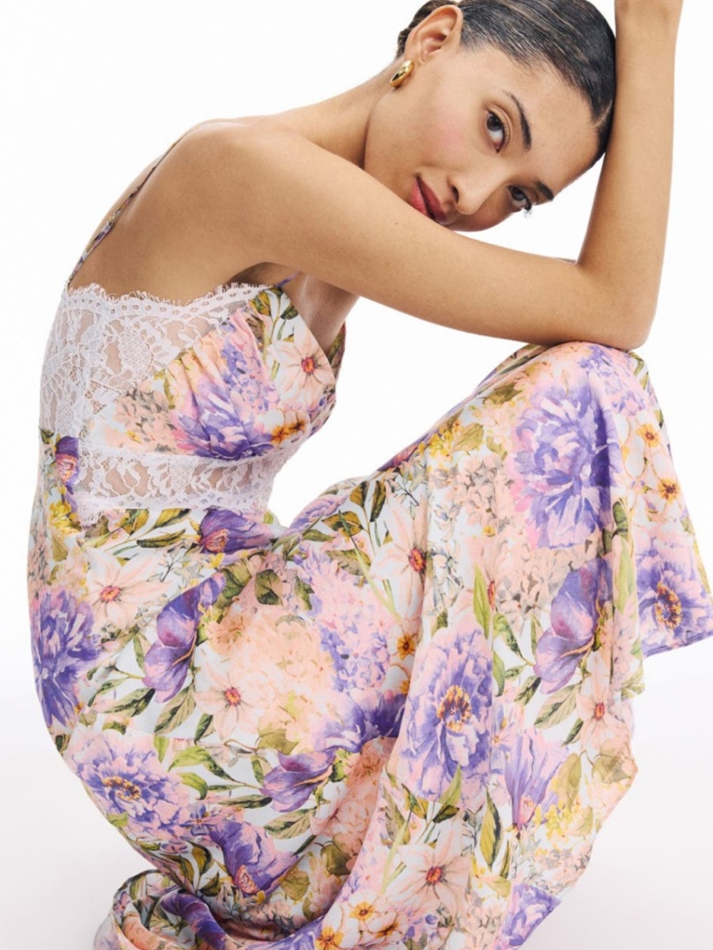 Astr Floral Lace-Trim Slip Dress in Lavender/blue and Peach
